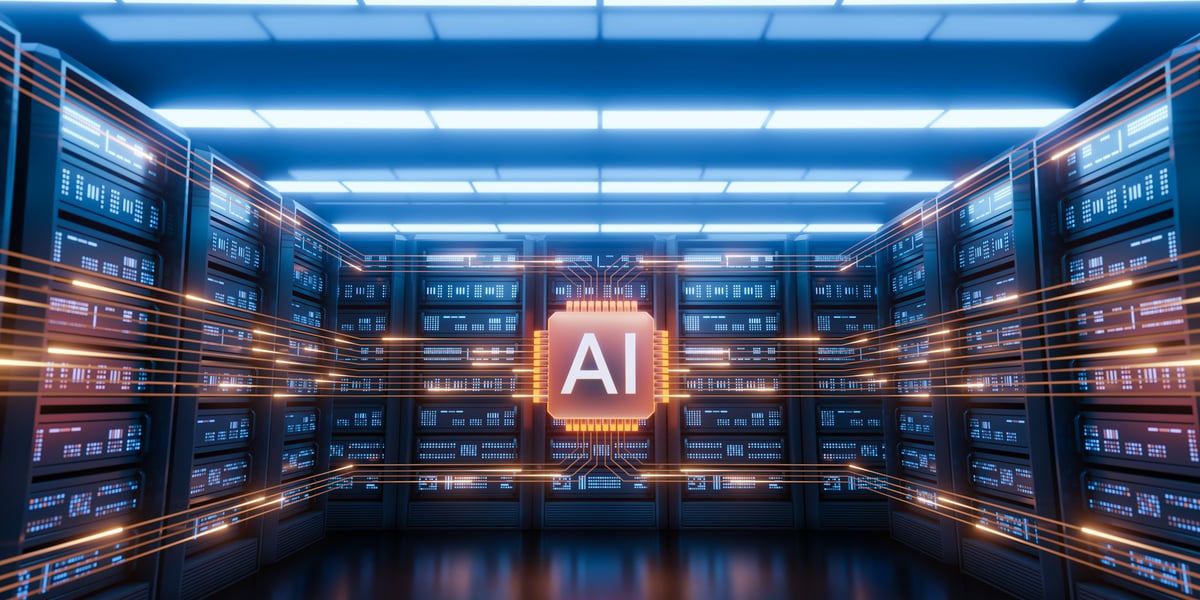 Futuristic AI server room with a glowing AI chip and dynamic data flow